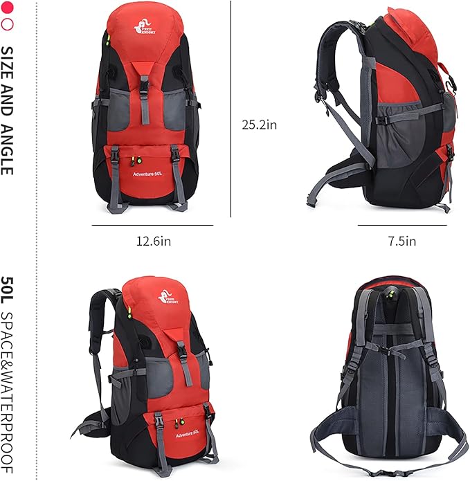 Bseash 50L Hiking Backpack, Water Resistant Lightweight Outdoor Sport Daypack Travel Bag for