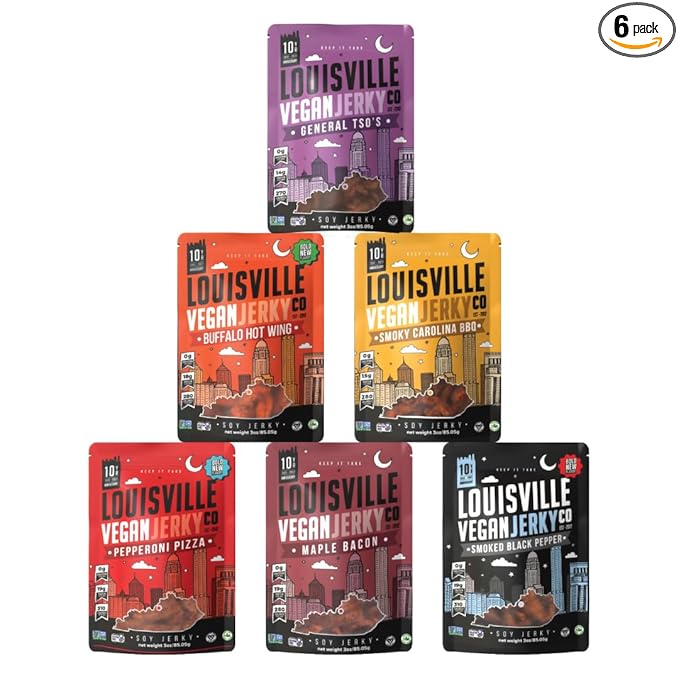 Louisville Vegan Jerky Co. Variety Bundle Vegan Jerky 3 oz. 6 pack (Smoky Carolina BBQ, Buffalo Hot