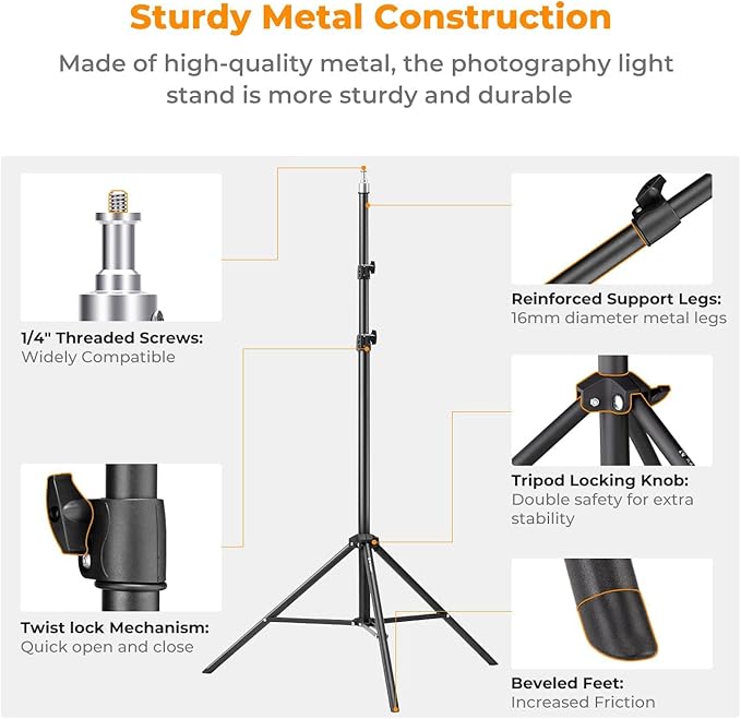 K&F CONCEPT Light Stand for Photography, 6.5ft/2M Portable Extendable Photo Video Tripod Stand