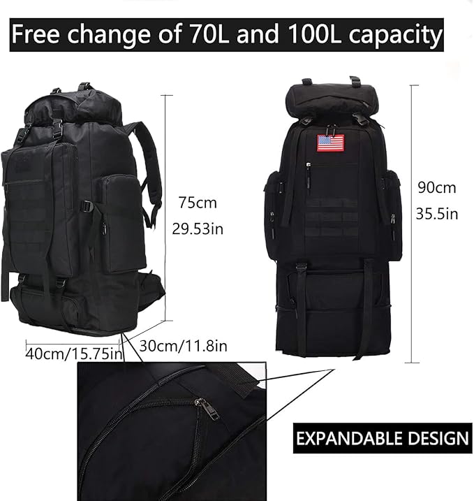 Hiking Backpack for Men 70L/100L Camping Backpack Military Rucksack Molle 3 Days Assault Pack for