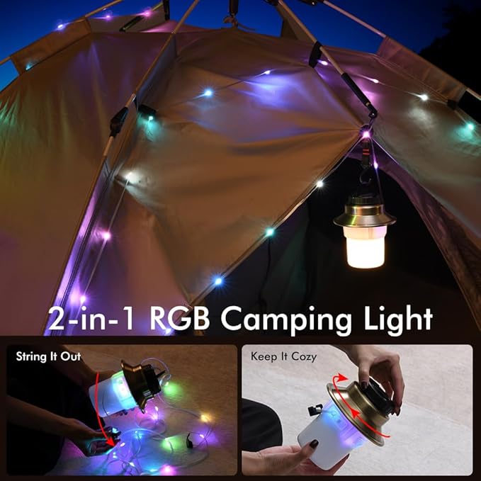 Rechargeable LED Camping Lights & Lantern, Waterproof Lamp with 5 Modes RGB String Lights
