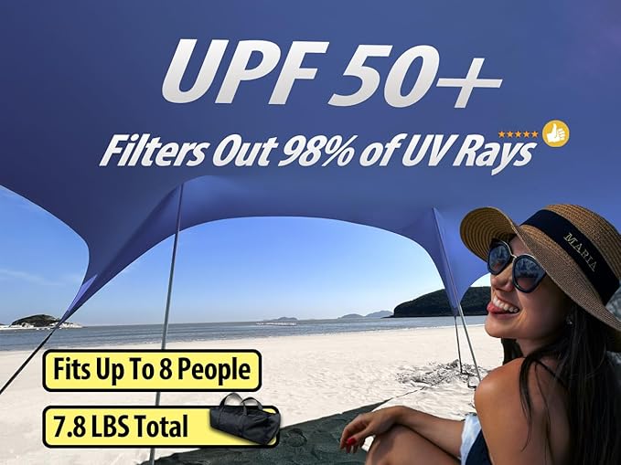 10×10ft UPF50+ Beach Tent Sun Shelter, Windproof Stable Outdoor Pop Up Beach Shade Canopy for