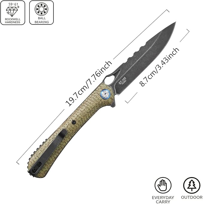 Sitivien ST145 Folding Pocket Knife,Black Stonewashed 14C28N Steel Blade,Micarta Handle EDC Tool