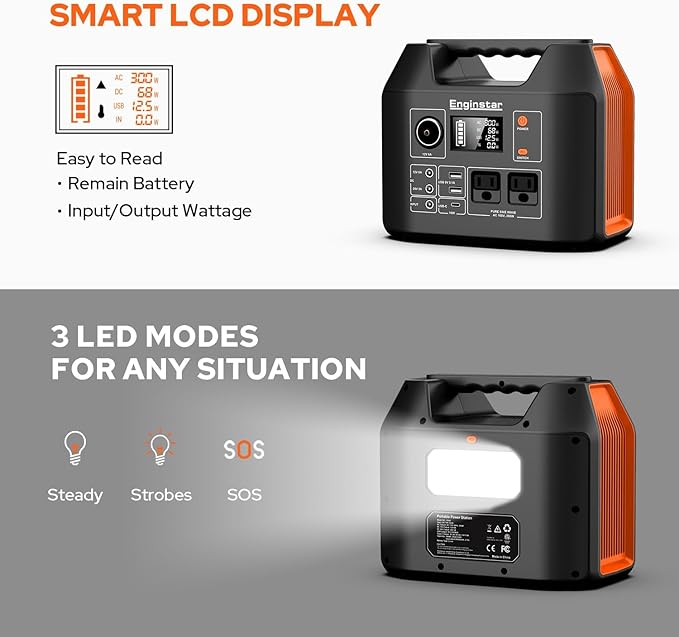 EnginStar Portable Power Station 300W 296Wh Battery Bank with 110V Pure Sine Wave AC Outlet for