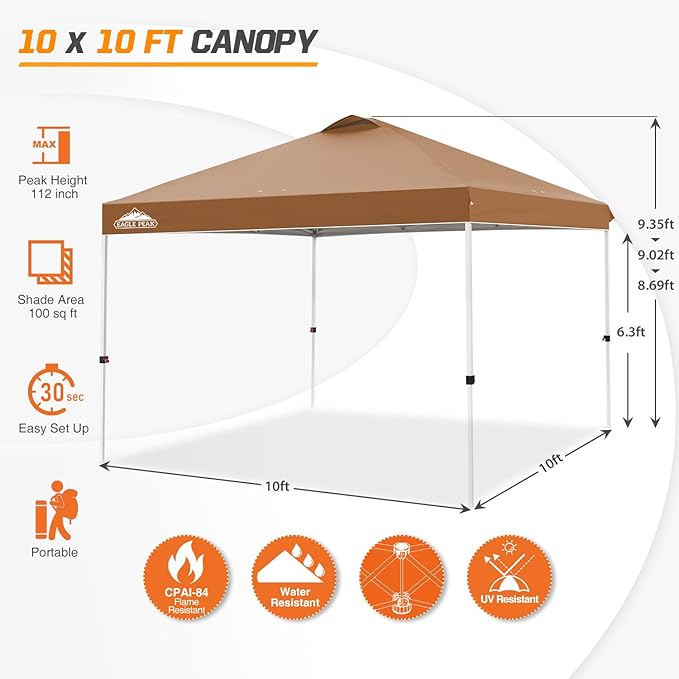 EAGLE PEAK Pop Up Canopy Tent with Wheeled Carry Bag, 8 Stakes, 4 Ropes, 4 Weight Bags, Easy Set Up