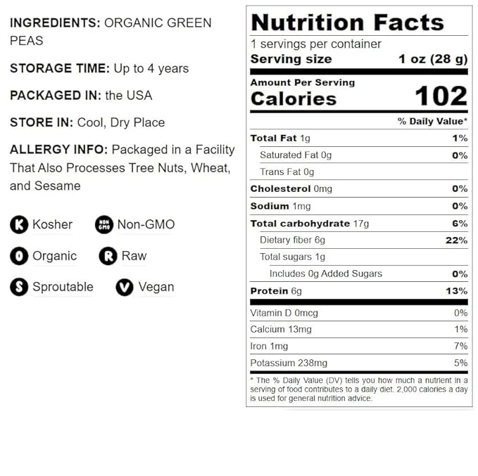 Food to Live Organic Whole Dried Green Peas, 1 Pound – Non-GMO, Green Vatana, Sproutable, Vegan