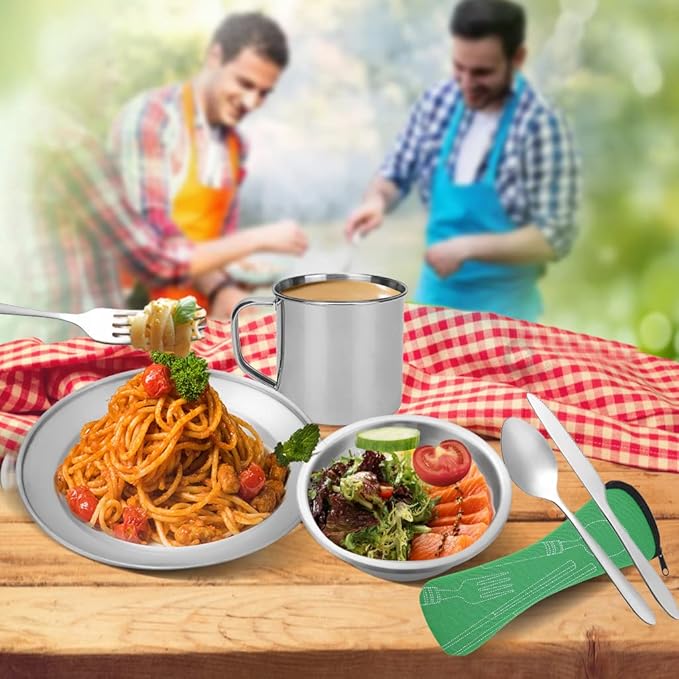 Stainless Steel Camping Cutlery Set - 8 Piece, Includes Spoons, Mugs, Bowls, Plates, Rags &