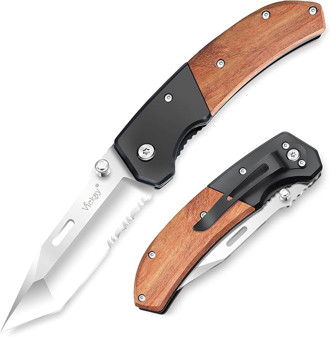 Vickay Pocket Knife, Folding Knife with Clip - 3.54″ Tanto Serrated Blade, Wood Handle EDC Knife