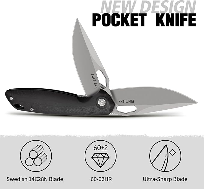 FINTISO Pocket Knife 3.38" Folding Knife Premium 14C28N Blade G10 Handle, Camping Survival Hiking
