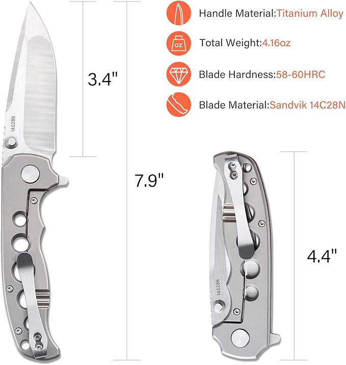 Men's Folding Pocket Knife – 3.4" Sandvik 14C28N Blade CNC Titanium Handle Ceramic Bearings, Liner