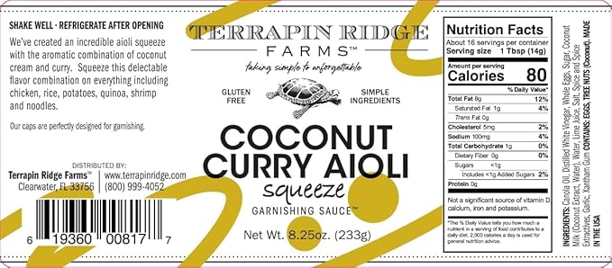 Terrapin Ridge Farms Coconut Curry Aioli Garnishing Sauce – One 8.25 Ounce Squeeze Bottle