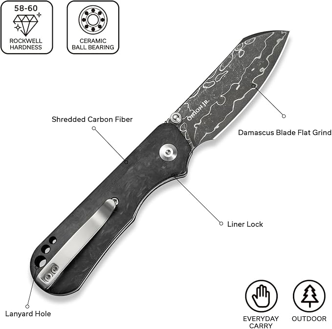 CIVIVI Crabby Pocket Knife, EDC Folding Knife for Men Women with Damascus Blade Contoured Shredded