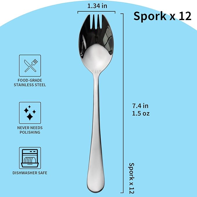 Alata Sporks, 12-Pack Food-grade Stainless Steel Sporks, 7.4 Inches Long Handle Salad Forks For