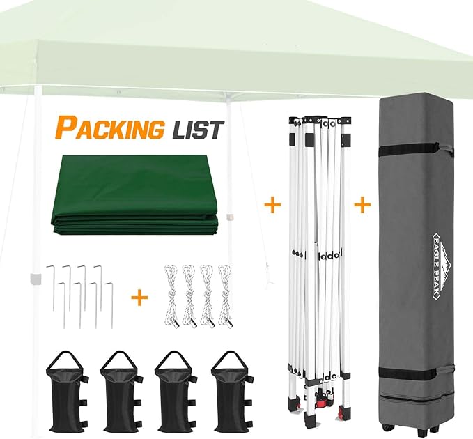 EAGLE PEAK Pop Up Canopy Tent with Wheeled Carry Bag, 8 Stakes, 4 Ropes, 4 Weight Bags, Easy Set Up