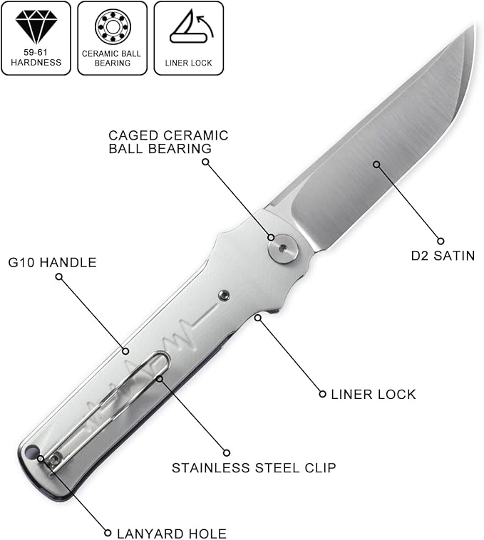 Petrified fish PFB04 Tena Folding Knife, 3.82" D2 Steel Satin Blade G10 Handle Pocket Folding knife
