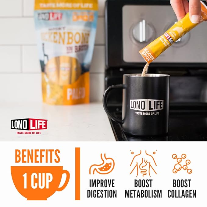 LonoLife Reduced Sodium Chicken Bone Broth Powder Mix | 10g Protein | Collagen-Rich, Keto & Paleo