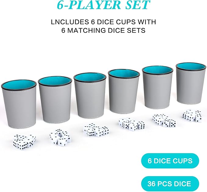 Felt-Lined PU Leather Dice Cup Set, 6 Quiet Dice Shaker Cups with 36 Dices for Bar Party Yahtzee