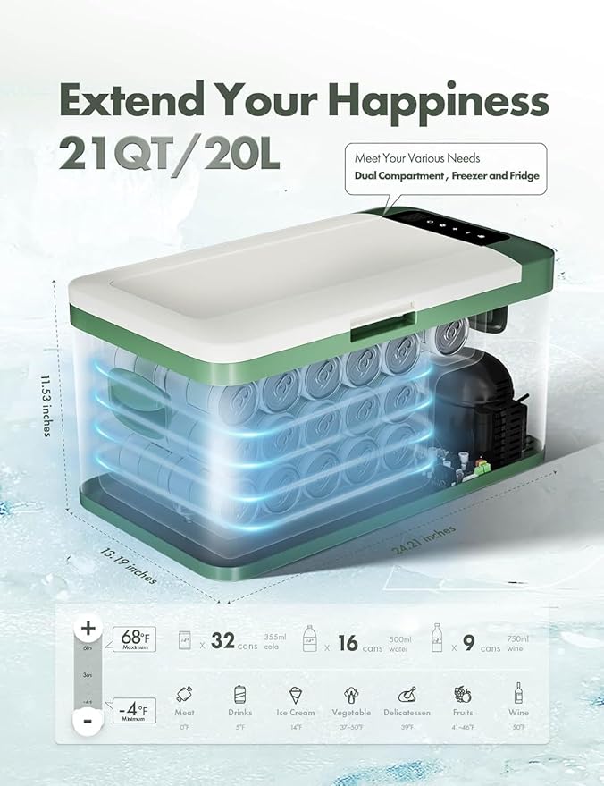 A-Premium 12 Volt Refrigerator 21QT/20.1L Portable Car Fridge Cooler, -4°F~68°F Portable Freezer