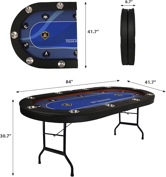 LUCKYERMORE Upgraded 10 Players Poker Table with Stainless Steel Cup Holder, 84”Folding