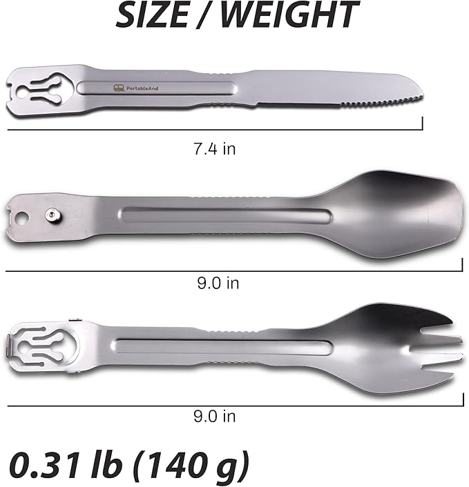 PortableAnd 4-in-1 Camping Utensil Set: Spoon, Spork, Knife, Tongs - Stainless Steel Multi Tool for