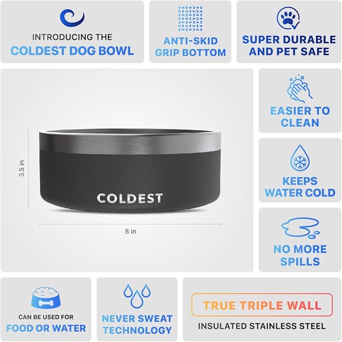 Coldest Dog Bowl - Anti Rust Metal, Non Slip, 3 Layers Insulated Stainless Steel Dog Bowls - Spill