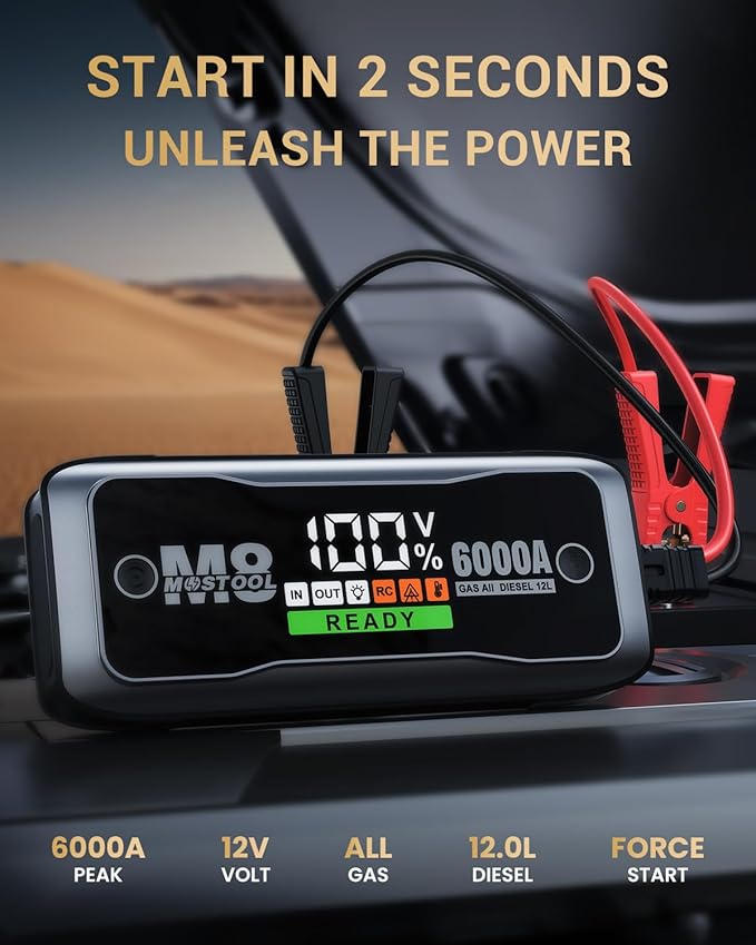 MOSTOOL M8 6000A Car Battery Jump Starter with Smart HD Display PD 60W Fast Charging, 12V Battery
