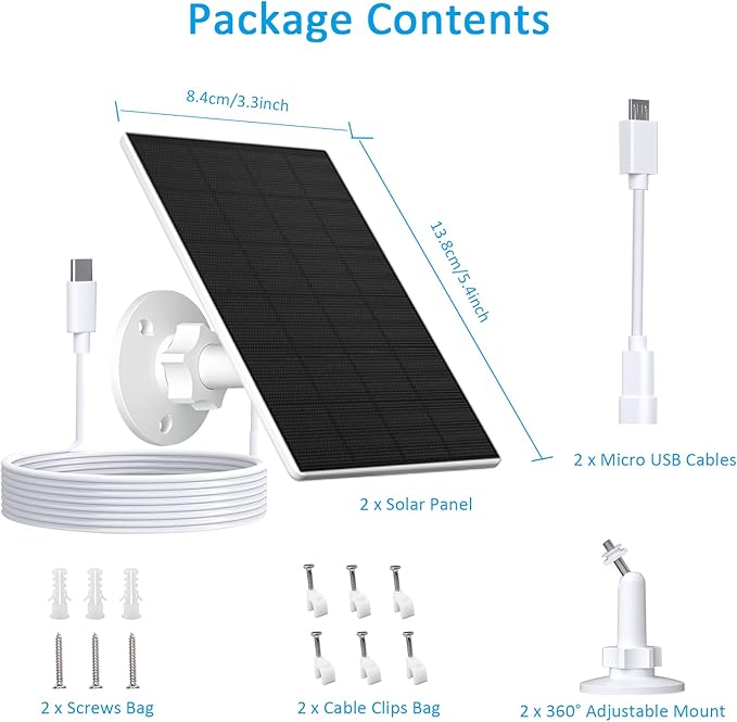 2W Solar Panel for Security Camera Outdoor, USB/USB-C Charger with IP65 Waterproof, 360° Adjustable