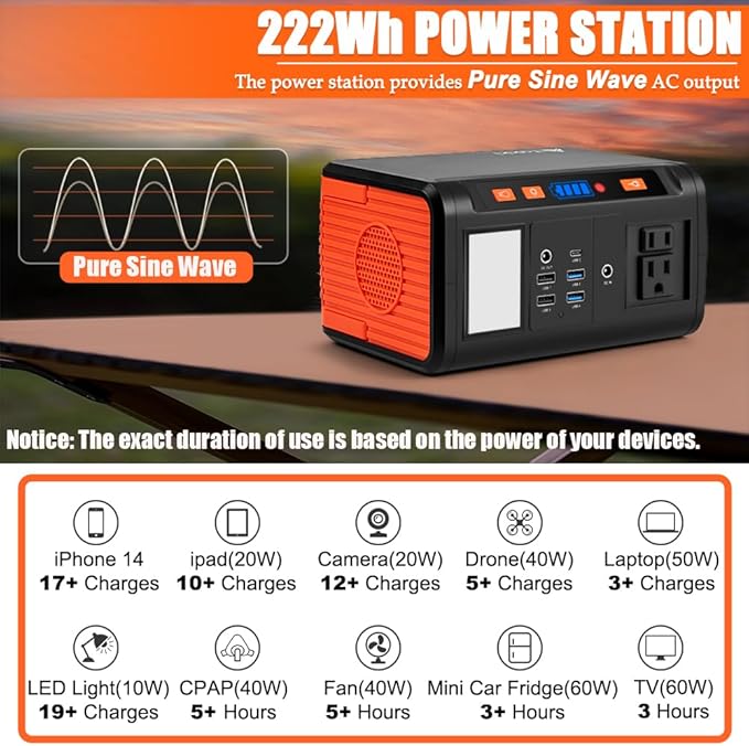 Takki Solar Generator 250W Portable Power Station with 40W Solar Panels 222Wh Pure Sine Wave