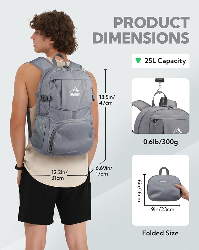 WATERFLY Hiking Foldable Daypack Backpack: 25L Ultra Lightweight Waterproof Day Pack for Woman Man