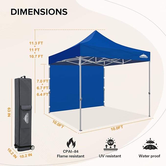 EAGLE PEAK 10x10 Heavy Duty Pop up Commercial Canopy Tent with One Removable Sidewall, Instant Sun