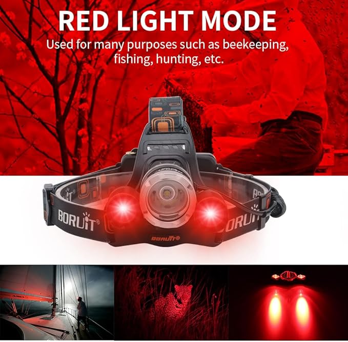 BORUIT RJ-3000 Rechargeabe LED Headlamp Super Bright with Red Light, 3 Modes Super Bright USB Head