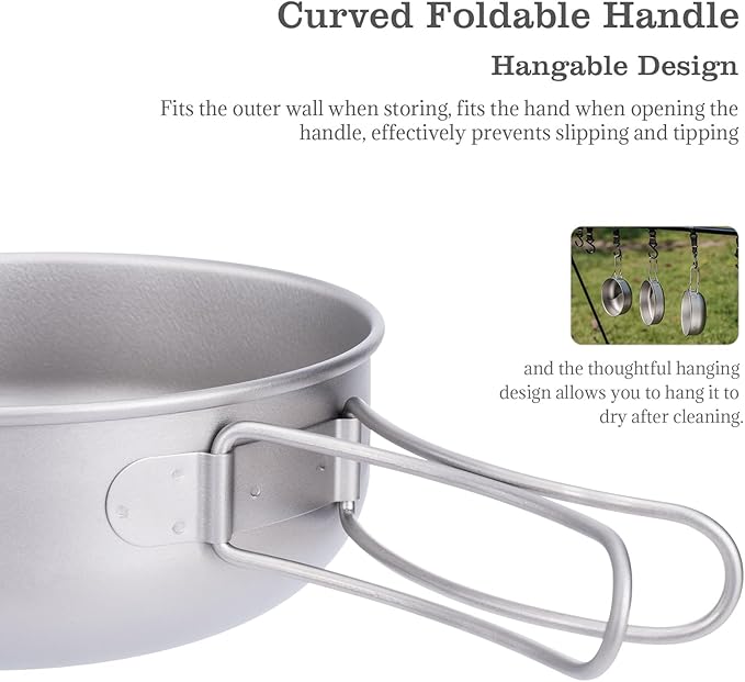 iBasingo 3-Piece Set Titanium Pot Set Camping Cooking Pan with Folding-Handle Outdoor Camp Cookware