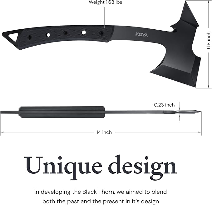 KOVA Black Thorn Hatchet - Stainless Steel, 14" Overall Length, 6.8" Blade, G10 Handle