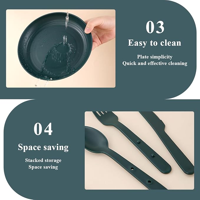 Camping Mess Kit for 4 with Bowl, Plate, Cup, Spoon, Fork, Knife and Carry Bag, Plastic Camping