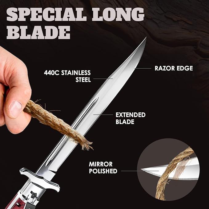 Grand Way 12.2" Retro Folding Knife with Wood Handle & Leather Sheath - 7.8" Long Foldable Sharp