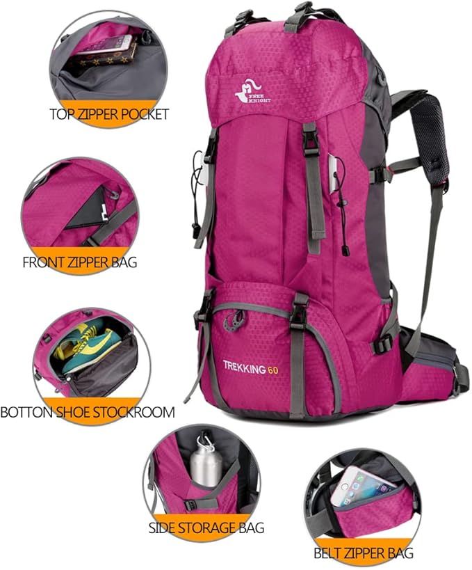 Bseash 60L Waterproof Hiking Camping Backpack with Rain Cover, Large Outdoor Sport Travel Daypack