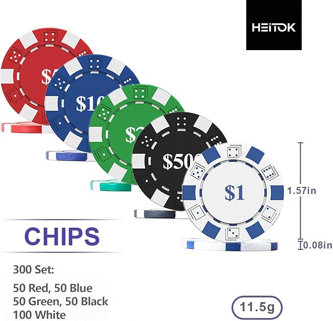 Poker Set with Denominations, 300-pcs 11.5g Weighted Numbered Chips, 5 Dice, 2 Decks with Compact