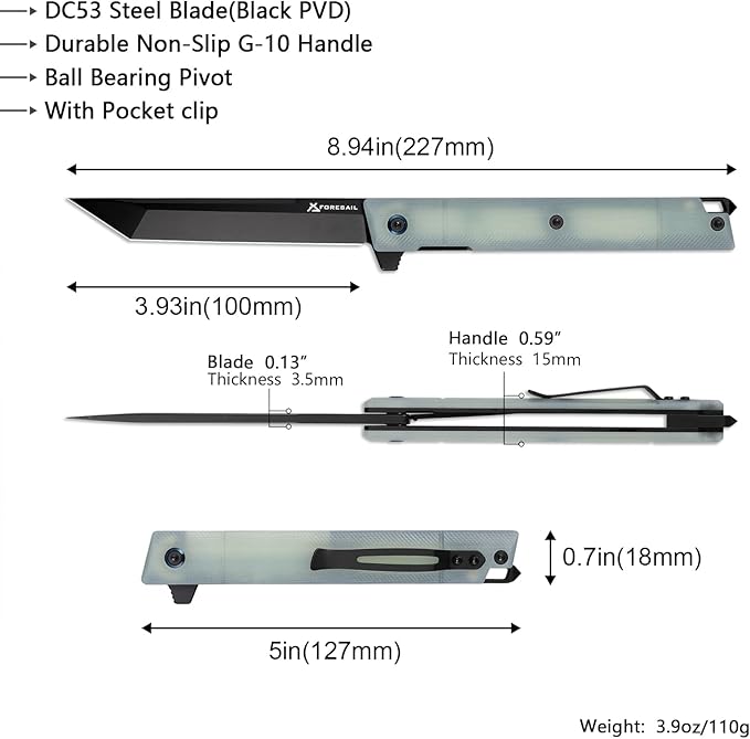 Flipper Pocket Folding Knife,DC53 Steel Blade and G10 Handle. With pocket clip and glass