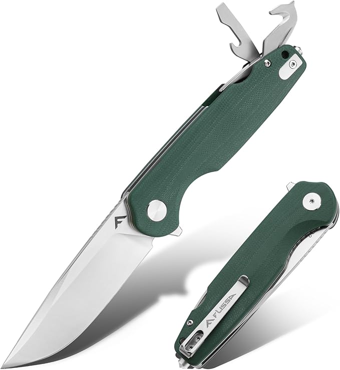 FLISSA Multitool Pocket Knife, 3.3" D2 Blade with G10 Handle, Liner Lock Folding Knife with Glass