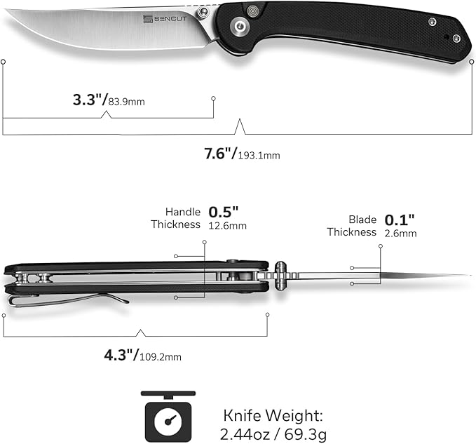 SENCUT Skelfin Pocket Knife for EDC, Folding Knife with 3.3'' Blade & G10 Handle, for Camping