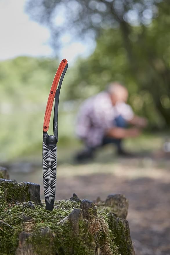 deejo - 0.9 OZ, Black Titanium, Coral Wood, Art Déco - Ultra-Light Folding Pocket Knife with a Belt