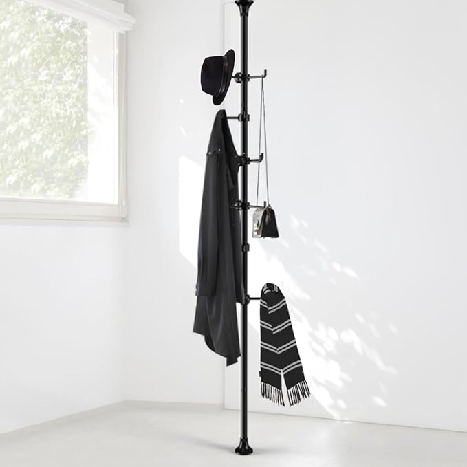 Coat Rack Freestanding, 56 to 125 inch Adjustable Tension Rod Hanger with 12 Hooks for Hanging