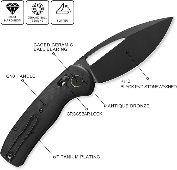 Petrified fish PFP13 Viper Folding Knife,3.5" K110 Steel Black Stonewashed Blade G10 Handle Pocket