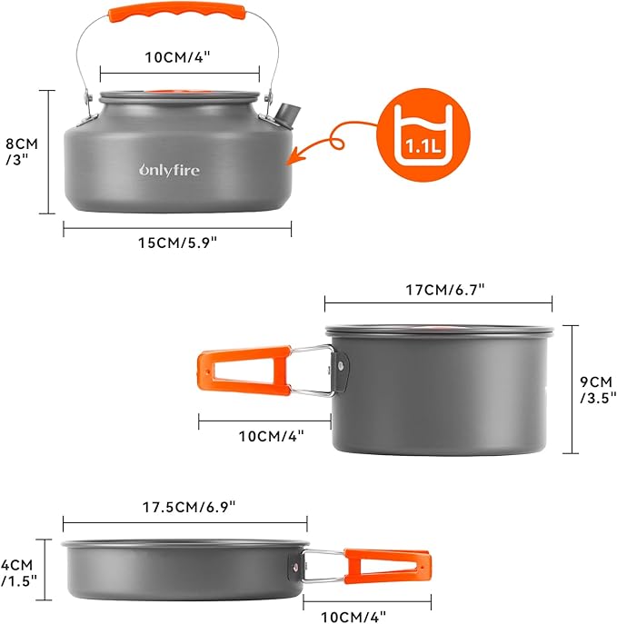 Onlyfire 15pcs Camping Cookware Mess Kit, Non-Stick Lightweight Pot Pan Kettle Set with Plates