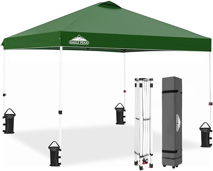 EAGLE PEAK Pop Up Canopy Tent with Wheeled Carry Bag, 8 Stakes, 4 Ropes, 4 Weight Bags, Easy Set Up
