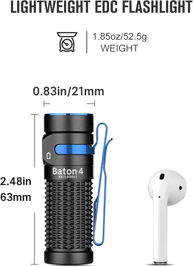 OLIGHT Baton4 Rechargeable EDC Flashlight, Bright LED Flashlight 1300 Lumens with Charging Cable