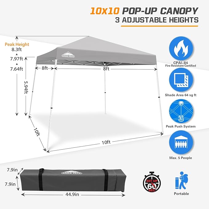 EAGLE PEAK 10x10 Slant Leg Pop-up Canopy Tent Easy One Person Setup Instant Outdoor Beach Canopy