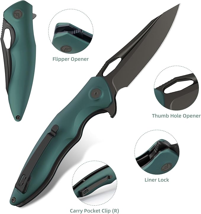FINTISO Apollo Pocket Knife, 3.3" 14C28N Blade Aluminum Alloy Handle Folding Knife with Liner Lock