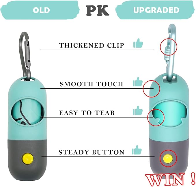 Dog Poop Bags Holder with LED Flashlight, 15 Crystal Blue Bags, 3 Accessories, 3 LR44 Batteries