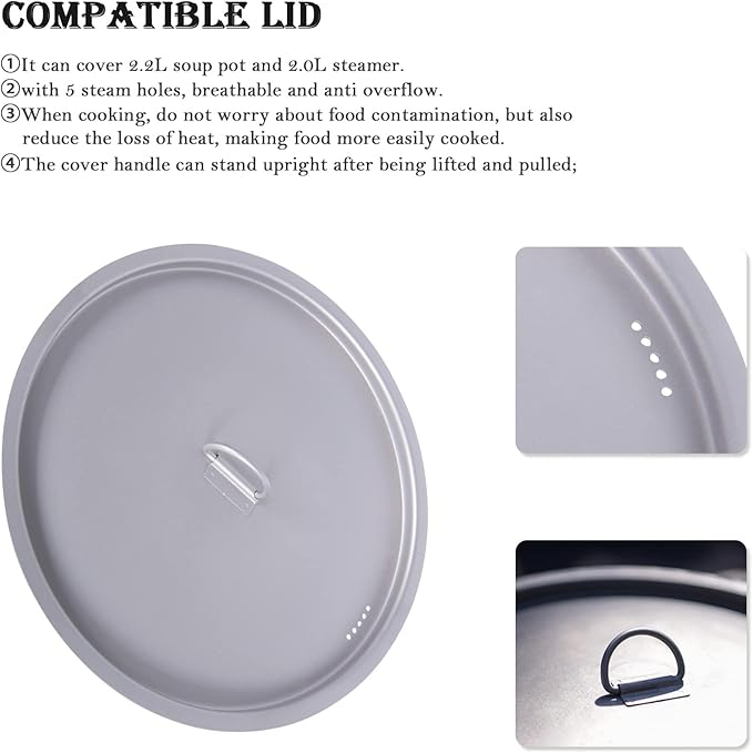 iBasnigo 2.2L Titanium Pot with Steamer Lightweight Portable Cookware Set for Camping Hiking